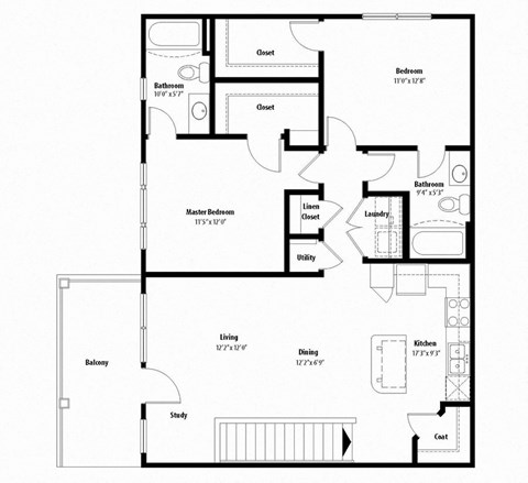 Floor plan for 2 beds, 2 baths, 1152 sqft